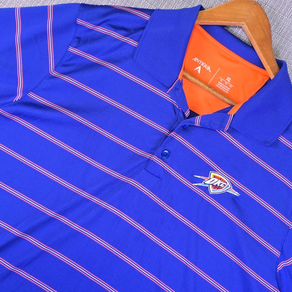 OKC Thunder x Antigua Polo Shirt Mens XL Blue Striped Oklahoma City Performance